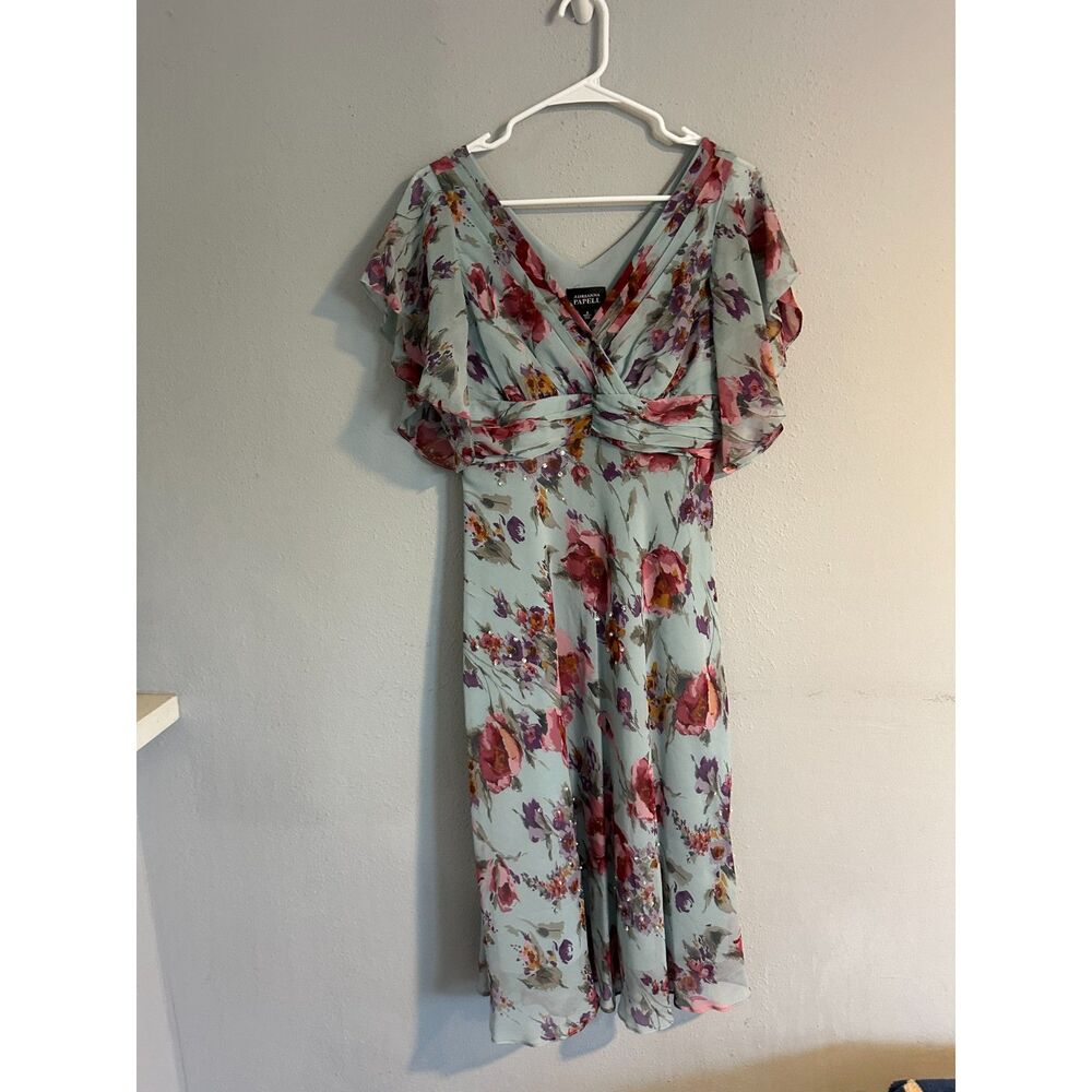 Adrianna Papell 100% Silk Floral Midi Dress Blue Flutter Sleeve Women's 8 - Picture 2 of 11